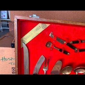 1960’s gold flatware complete unused set in wood box Thailand